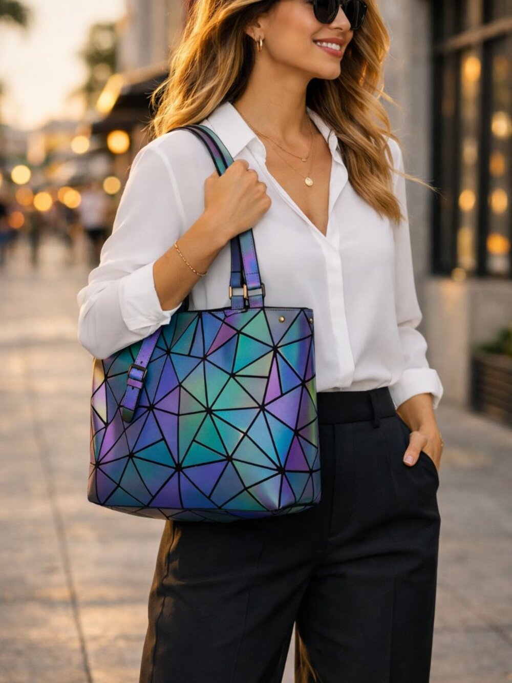 Iridescent Geometric Tote Bag - Purple & Green